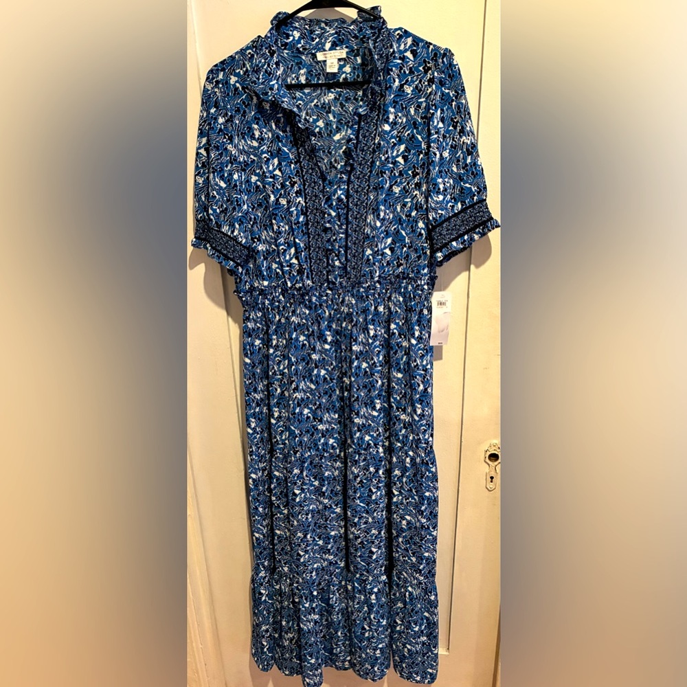 New London Style Blue Buttoned Tie Front Midi Sundress